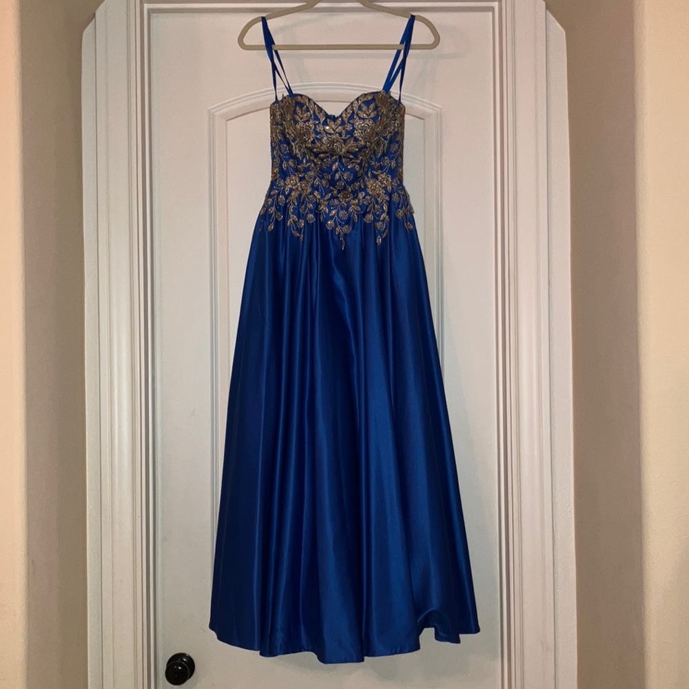 Glow Dress Formal Blue strapless A-line long dress with Gold appliqué with gems